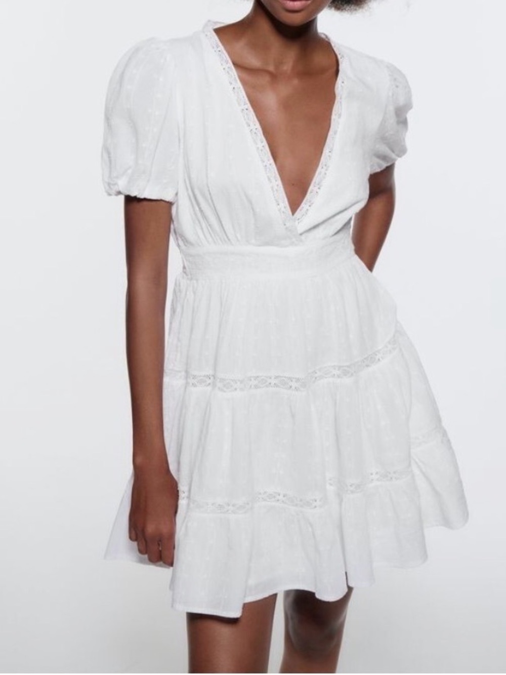 Zara White Cotton Short Sleeve Mini Dress Lace Trim - Picture 6 of 11
